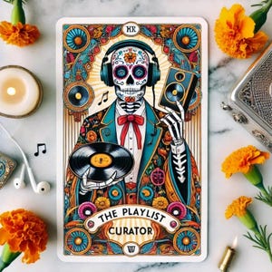 The Playlist Curator Tarot Card - Día de Muertos Music Lover Art, kerstskelet DJ-decor, muziektarot, feestelijk skelet, skeletonmuziek