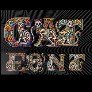 死者の日の骸骨猫のアルファベット A-Z と数字 0-9、カラフルな花柄のデジタルフォント、DIY プロジェクト用の死者の日をテーマにしたクリップアート