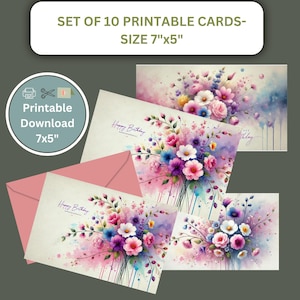 Cartão de aniversário de aquarela para impressão, cartão de aniversário de flor digital, cartão de felicitações, cartão de aniversário floral brilhante, cartão de aniversário