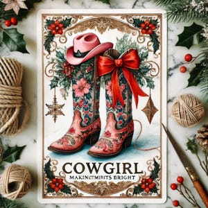 Weihnachten Cowgirl Tarot Karte Digitaler Download | Western Urlaub Tarot | Cowgirl Stiefel & Hut Weihnachtskarte | Festliche Cowgirl Dekoration