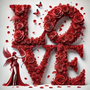Alfabeto elegante 3D A-Z e 0-9 com pétalas de rosas vermelhas | Arte digital de cupido de mulher fantasia | Letras decorativas detalhadas, números, fonte romântica