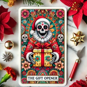 Tarotkaart cadeau opener – Día de Muertos Meets Christmas Art Print, unieke tarotkaart skelet kerst, decor Mexicaanse volkskunststijl