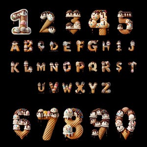 Letras del alfabeto de helado, números del 0 al 9, clipart imprimible divertido para niños, letras y números digitales personalizados para invitaciones, fuente de helado