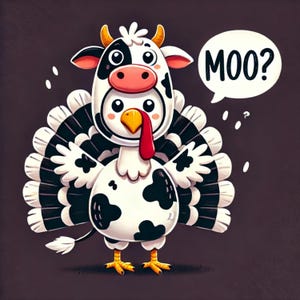 Thanksgiving Turkey in Cow Costume Digital Art, Funny Whimsical Holiday Illustration,Turkey Saying MOO!, Cow costume turkey,Instant Download