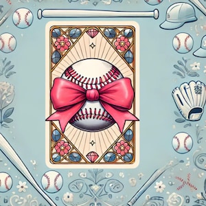 Bonita carta de tarot de béisbol con lazo rosa: estilo mosaico de acuarela: arte de béisbol único para coleccionistas de tarot, tarjeta de béisbol para amantes de los deportes
