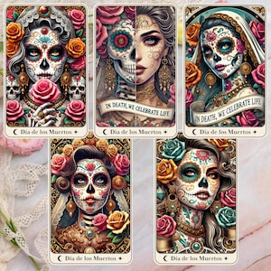 Carta de Tarot LA CATRINA, Día de Muertos, Carta de Tarot Estilo Arte Día de Muertos, Ilustración de Calavera de Azúcar, Arte Digital Temático del Día de Muertos