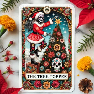 Die Weihnachtsdekorateur-Tarotkarte, Dia de Muertos, inspirierte Feiertagskunst, Weihnachtstarotdruck, Tag der Toten Weihnachten, Tarotkarte Weihnachten