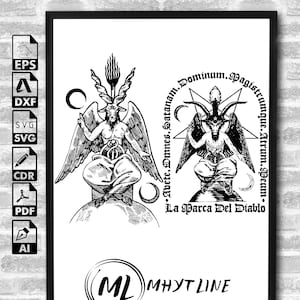 Puede incluir: Ilustración en blanco y negro de dos figuras con cuernos y alas. Las figuras están sentadas en un globo terráqueo con una luna creciente y una estrella. El texto alrededor de las figuras dice "Aveite. Dmnnes. Satanam. Dominum. Dagistrumque. Atrum. Peun." y "La Marca Del Diablo".