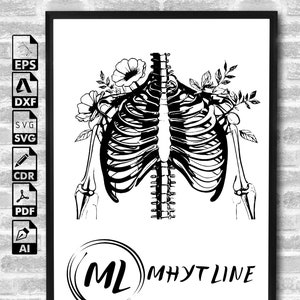 Floral Rib Cage Svg, Ribcage Flowers svg, Human Skeleton Rib Cage svg, Skeleton Ribs floral svg, Rib Cage svg, eps, dxf, cutfile for cricut