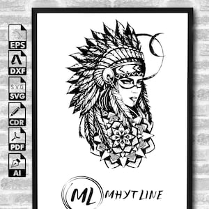 May include: Black and white line art illustration of a woman wearing a headdress with feathers and a mandala design. The text "ML MHYT LINE" is at the bottom of the image.