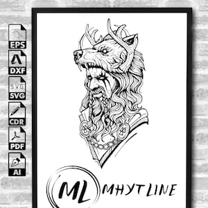 May include: Black and white line art illustration of a man with a wolf head and antlers. He has a long beard and is wearing a necklace with a symbol. The image is titled "ML MHYT LINE".