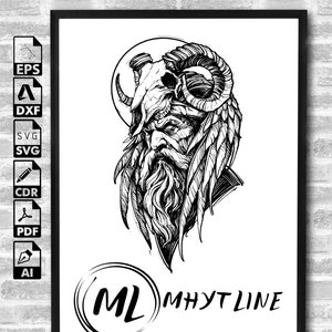 Può includere: Illustrazione in bianco e nero di un uomo barbuto con corna e piume. L'uomo indossa un elmo con un design a forma di teschio. L'opera d'arte è firmata "ML MHYT LINE".