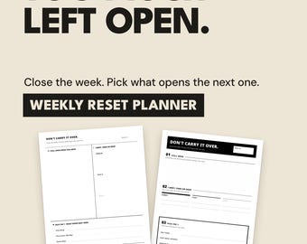 Planificador semanal de reinicio "Too Much Left Open", imprimible para revisión semanal, hoja de trabajo de reinicio dominical, hoja de entrega de Carry Park, PDF tamaño carta estadounidense