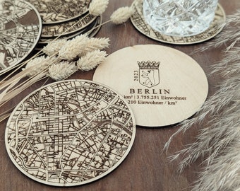 Untersetzer | BERLIN | Holz | Karten | Städte | Deutschland | Bierdeckel | Geschenk | Rückseite mit Namen und Daten | Stadtplan | Gravur