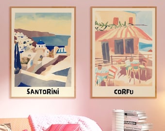 Set of 2 travel prints, Landscape prints, Santorini poster, Corfu print, Greece posters, Printable wall art, Digital download, Art prints