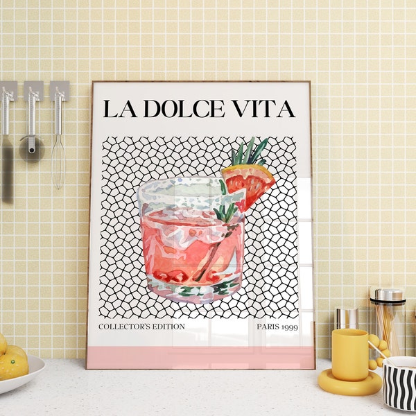 La dolce vita print, Italian wall art, Mediterranean poster, Trendy, Cocktail wall art, Cocktail prints, Italian quote poster, Coral art