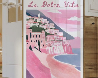 Aquarel schilderij print La dolce vita poster Landschapskunst aan de muur Afdrukbare Digitale download Woondecoratie Kleurrijke deco Italië Girly Aesthetic