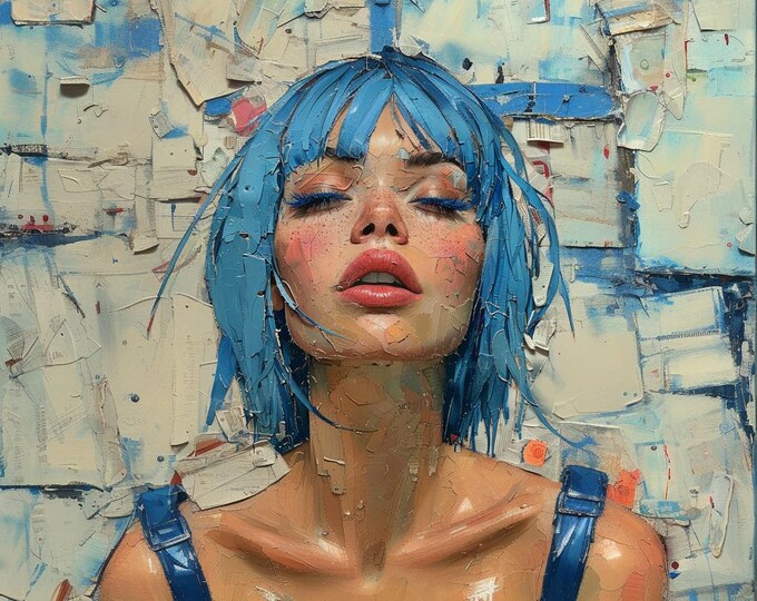 Woman With Blue Hair, 300 DPI, Vibrant high Quality Modern Street Art, Wall Art, Abstract, Urban Wall Decor, Artistic Living Room Decor.