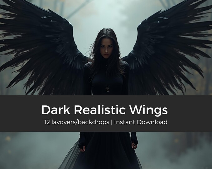 12 Dark Realistic Wings, Gothic Angel Wings Art, Realistic Fantasy Print, Dark Angel Artwork, Gothic Home Print, Digital art supply