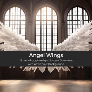 Könnte beinhalten: Ein Paar große, weiße Engelsflügel sind in einem großen, gewölbten Raum mit großen Fenstern weit ausgebreitet. Der Text "Angel Wings" wird über den Flügeln angezeigt, zusammen mit der Beschreibung "18 Backdrops/Overlays | Sofortiger Download mit oder ohne Hintergrund".
