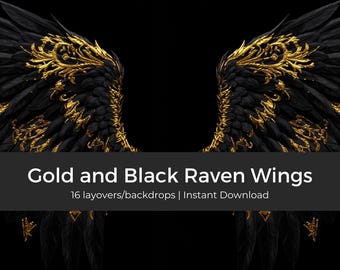 16x Wings Backdrop Gold and Black Ravenwings,Transparent, Golden Wings Overlay, Raven Wing Effect, Photo Editing Overlay, Digital Art Supply