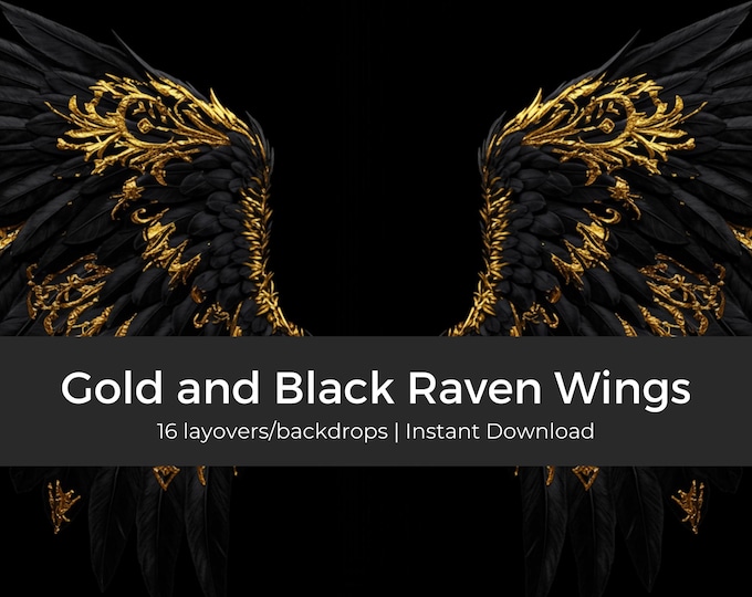 16x Wings Backdrop Gold and Black Ravenwings,Transparent, Golden Wings Overlay, Raven Wing Effect, Photo Editing Overlay, Digital Art Supply