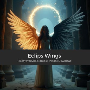 Puede incluir: Una mujer con el pelo largo y oscuro que lleva un vestido blanco se encuentra en un pasillo de piedra oscuro. Tiene grandes alas de plumas, una dorada y otra negra, con un anillo de luz brillante sobre su cabeza. El texto "Eclips Wings" y "26 layovers/backdrops | Instant Download" se muestra debajo de la imagen.