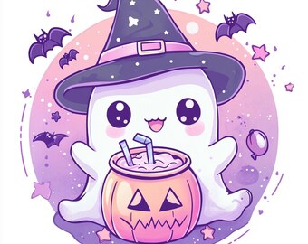 Cute Kawaii Ghost with Witch Hat Vector - Halloween Illustration for T-Shirts, Mugs & More