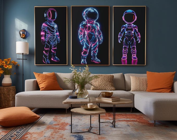7x Neon Astronaut Art, Futuristic Space Poster, High Quality Digital Download, Decor, Neon Space Theme Print, High Res Digital Download