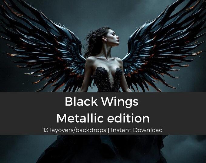 13 Gothic Metallic Black Wings, Digital Image for Backdrops and Overlays - Perfect for Photoshop and Print. Digital art supply