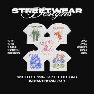 May include: Five different t-shirt designs featuring various graphic prints. The designs include a bee, a skull, a couple, a cupid, and a pair of sunglasses. The text on the shirts reads "Partner in Crime", "Bee Yourself", "Cupid On Duty", "We All", and "Help".