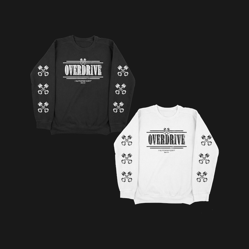 May include: Two long-sleeved sweatshirts with a white graphic print of crossed pistons and the text "OVERDRIVE MOTORSPORT" on the front. The sweatshirt on the left is black and the sweatshirt on the right is white.