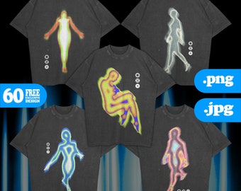 May include: Five black t-shirts with different colorful abstract designs of a person. The designs are in shades of yellow, orange, green, blue, and pink.