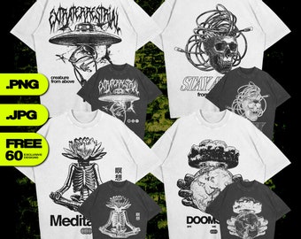 May include: A collection of white and dark gray graphic t-shirts. Designs include a UFO, a skull with cables, a meditating skeleton, and a hand holding a globe with a mushroom cloud. Text includes "EXTRATERRESTRIAL", "creature from above", "STAY A", "Meditation", and "DOOMSDAY".