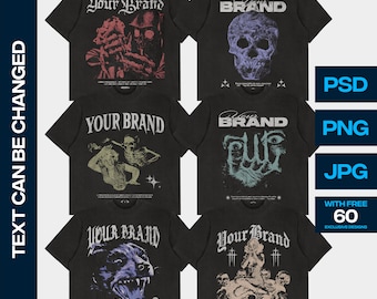 May include: Six black t-shirts with different graphic designs. The designs include a skull, a skeleton, a hand with an eye, a wolf, and a woman with skulls. The text "Your Brand" is printed on each shirt.