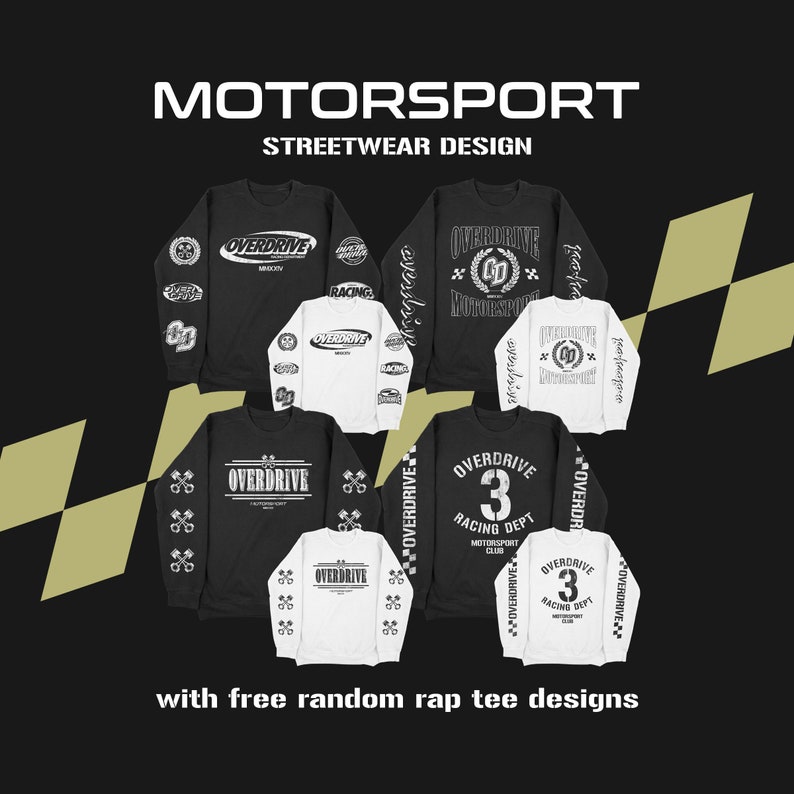 May include: A set of six long-sleeve shirts with a black and white racing theme. The shirts feature the text "Overdrive" and various racing-related graphics. The shirts are available in black and white.