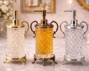 300ml Glass Soap Dispenser | Gold, Antique, Silver Pump | Bathroom Decor