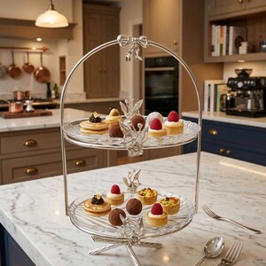 2 Tier Metal Glass Dessert Stand: Gold or Silver Tiered Tray (33cm / 13 in) Silver