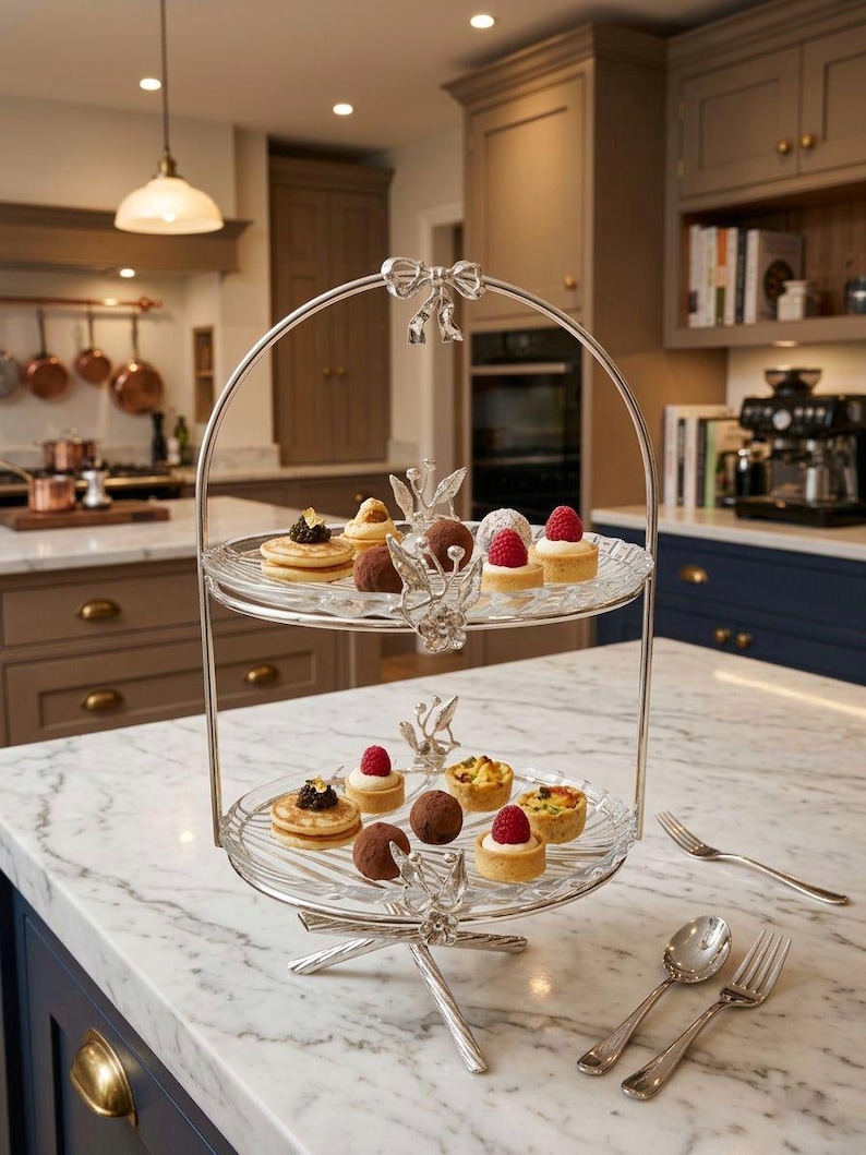 2 Tier Metal Glass Dessert Stand: Gold or Silver Tiered Tray (33cm / 13 in) Silver