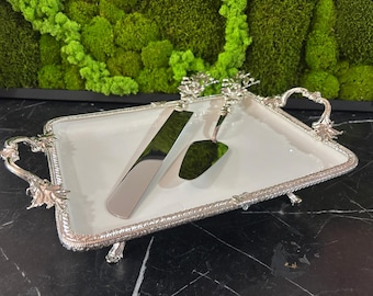 Silver Wedding Cake Knife and Server Set, Ornate Dessert Tray