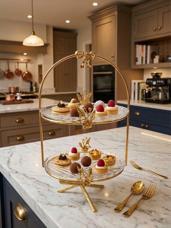 2 Tier Metal Glass Dessert Stand: Gold or Silver Tiered Tray (33cm / 13 in)