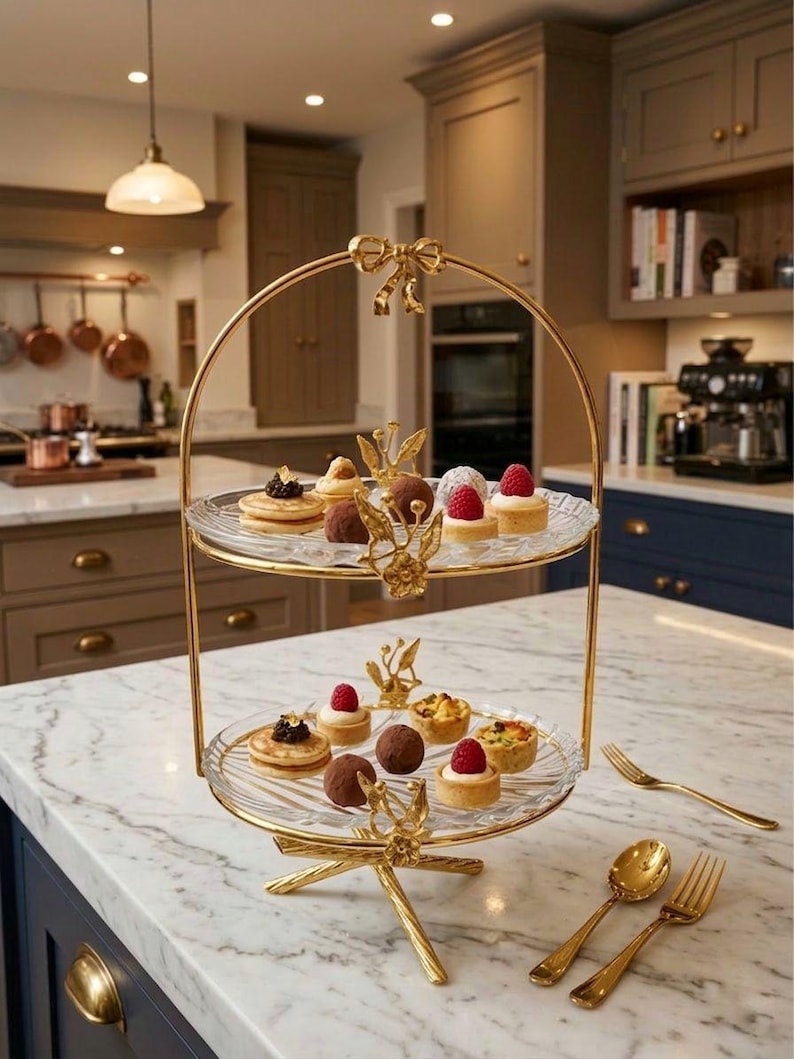 May include: A two-tiered gold-colored serving tray with glass plates, filled with small pastries. The tray has a decorative bow at the top and ornate details. Gold forks and spoons are placed on the marble countertop.