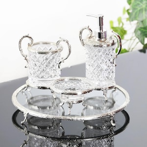 Dekoratives Badezimmer Organizer Set mit Seifenspender Seifenschale Zahnbürste Halter und Passender Ständer in Gold Silber und Antiken Farben