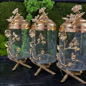 Gold Kitchen Decor Canister Set Glass Jar Storage Three Piece Set Three Jars Three Lids One Stand Perfect For Tea Sugar Coffee Spices