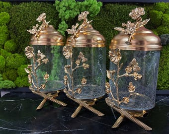 Gold Kitchen Canister Set: Cracked Glass Jars with Stand