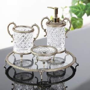 Dekoratives Badezimmer Organizer Set mit Seifenspender Seifenschale Zahnbürste Halter und Passender Ständer in Gold Silber und Antiken Farben