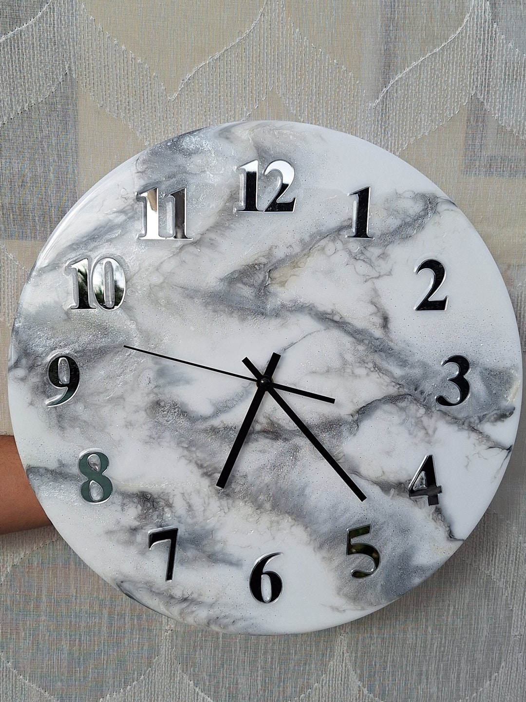 White/silver Marble Effect Wall Clock in Handmade Resin Etsy