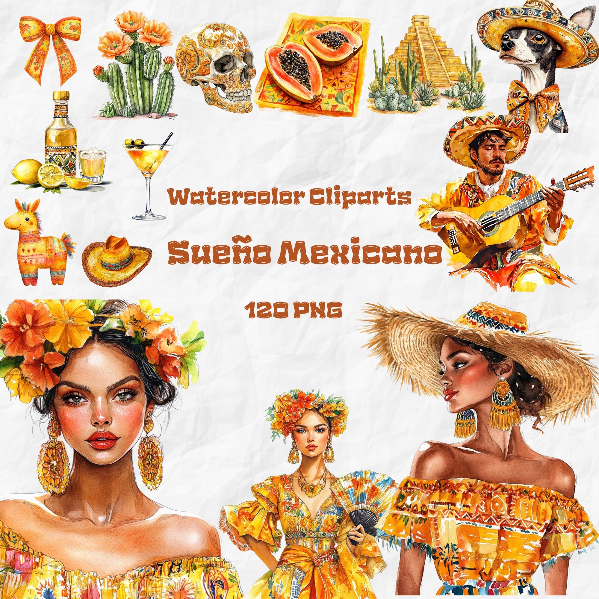 Watercolor Suéno Mexicano Clipart Bundle, Cinco de Mayo, Mexico Clip Art, Pinata, Mexican party, Cactus, Tequila, Guitar, Fiesta, Sombrero