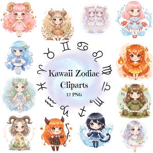 Aquarell Kawaii Horoskop Mädchen Clipart, 12 PNG, Sternzeichen Png, Astrologie Png, Kawaii Sternzeichen, 12 Astrologie Zeichen, kommerzielle Nutzung