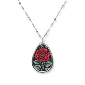 Oval Necklace Single Red Rose, Mystical Pendant, Gothic Jewelry Gift